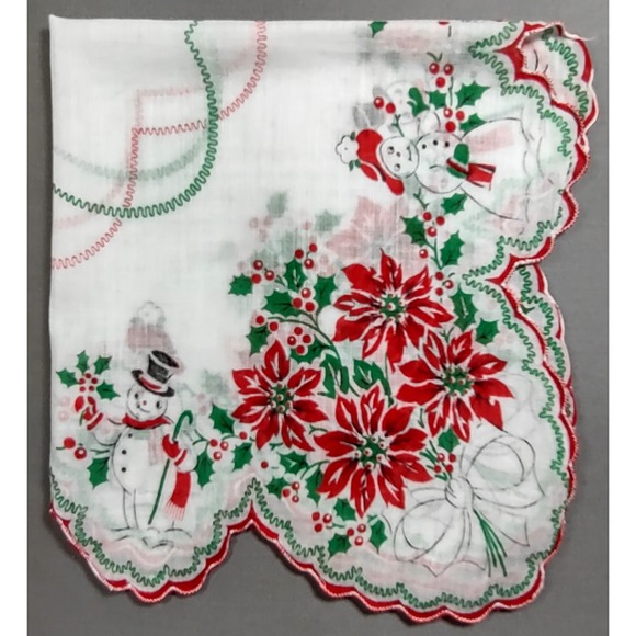 Accessories - Vtg Printed 1950s Christmas Hanky 13.75 x 13.75 Snowman/woman Poinsettia Hankie